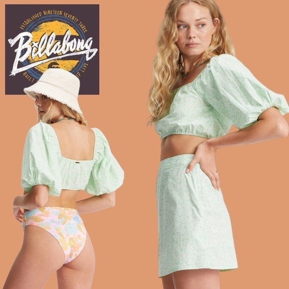 BILLABONG Tropic Sun Woven Blousen Sleeve Smocked-Back Cotton Crop Top-LG NWT - Picture 7 of 13